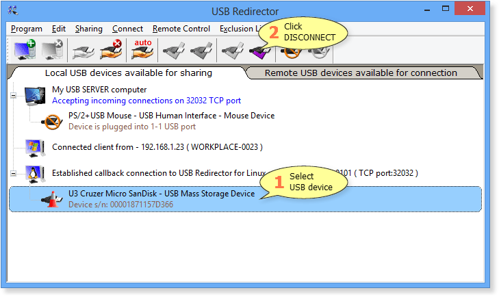 How to disconnect a USB device from remote USB client in USB Redirector