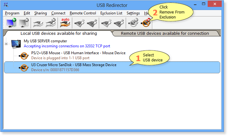 How to remove local USB device from Exclusions List in USB Redirector