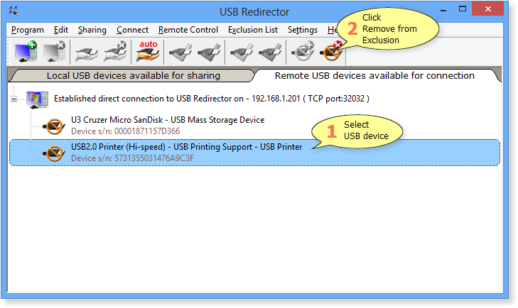 How to remove remote USB device from Exclusions List in USB Redirector