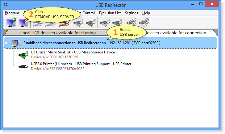 How to disconnect from USB server in USB Redirector