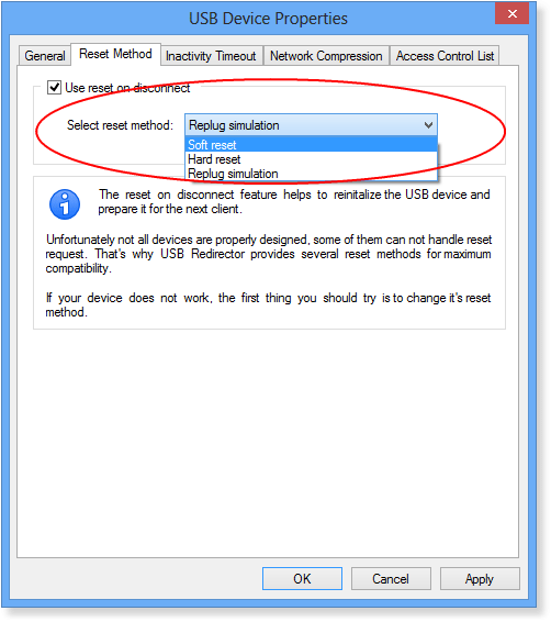 USB device Reset on disconnect settings in USB Redirector