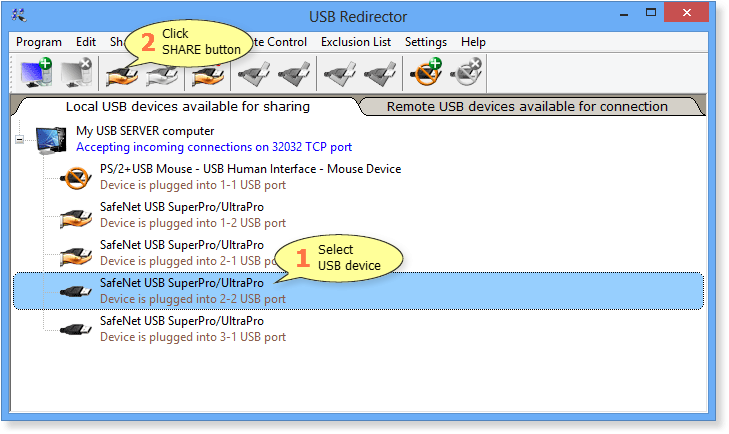 Sharing one of the identical USB devices in USB Redirector