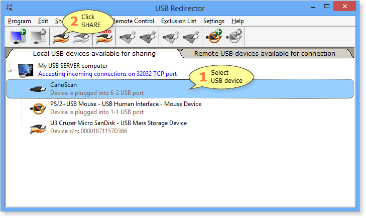 How to share a USB device in USB Redirector