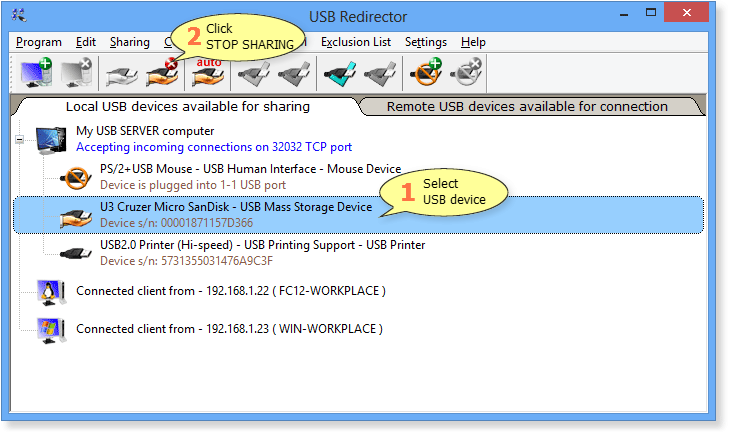 How to stop sharing a USB device in USB Redirector
