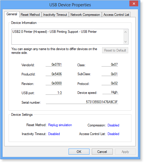 Local USB Device Properties window in USB Redirector