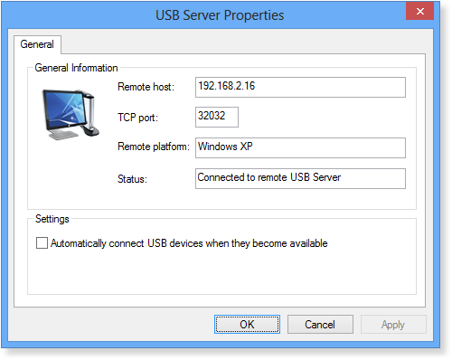 USB Server and USB Client Properties window in USB Redirector