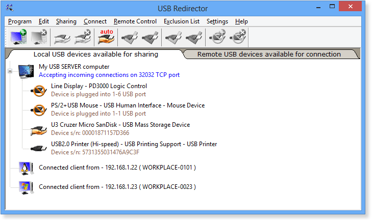 USB Redirector main window - local USB devices