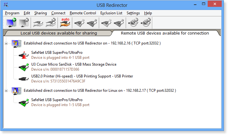 USB Redirector main window - remote USB devices