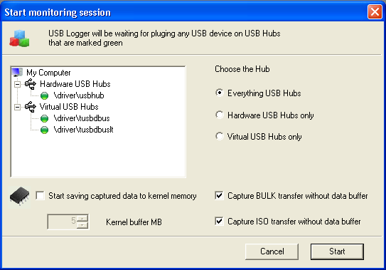 Simple USB Logger monitoring session parameters