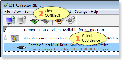 Connecting a USB device on remote side