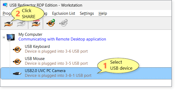 Making a USB device available for redirection to the remote server